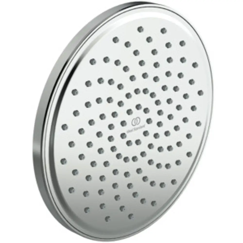 Kopfbrause aus Chrom mit runder, flacher Oberfläche und gleichmäßigen Wasserperforationen. Präsentiert die Marke Ideal Standard.